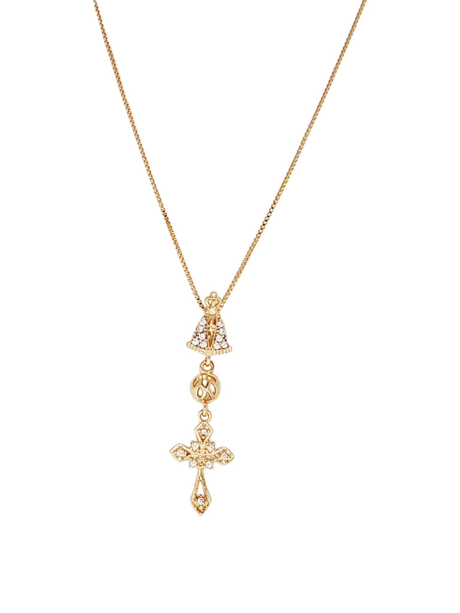 Colar Nossa Senhora Aparecida com Cruz e Zircônias Brancas de Prata de Lei 925 com Banho de Ouro 18 k-TerraCotta Arte Sacra