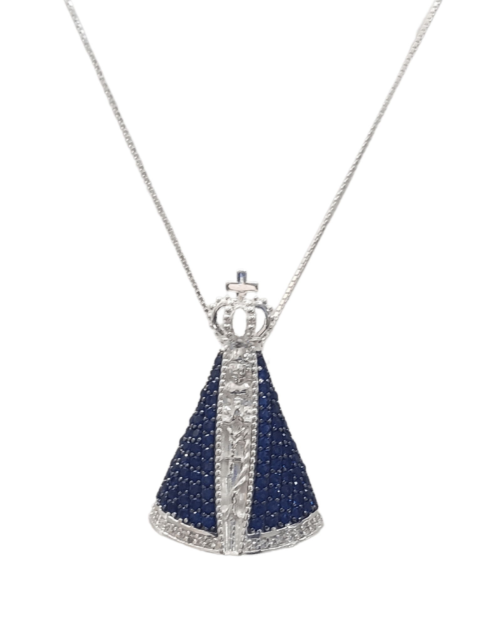 Colar Nossa Senhora Aparecida com Manto Cravejado em Zircônia Azul e Branca Prata de Lei 925-TerraCotta Arte Sacra