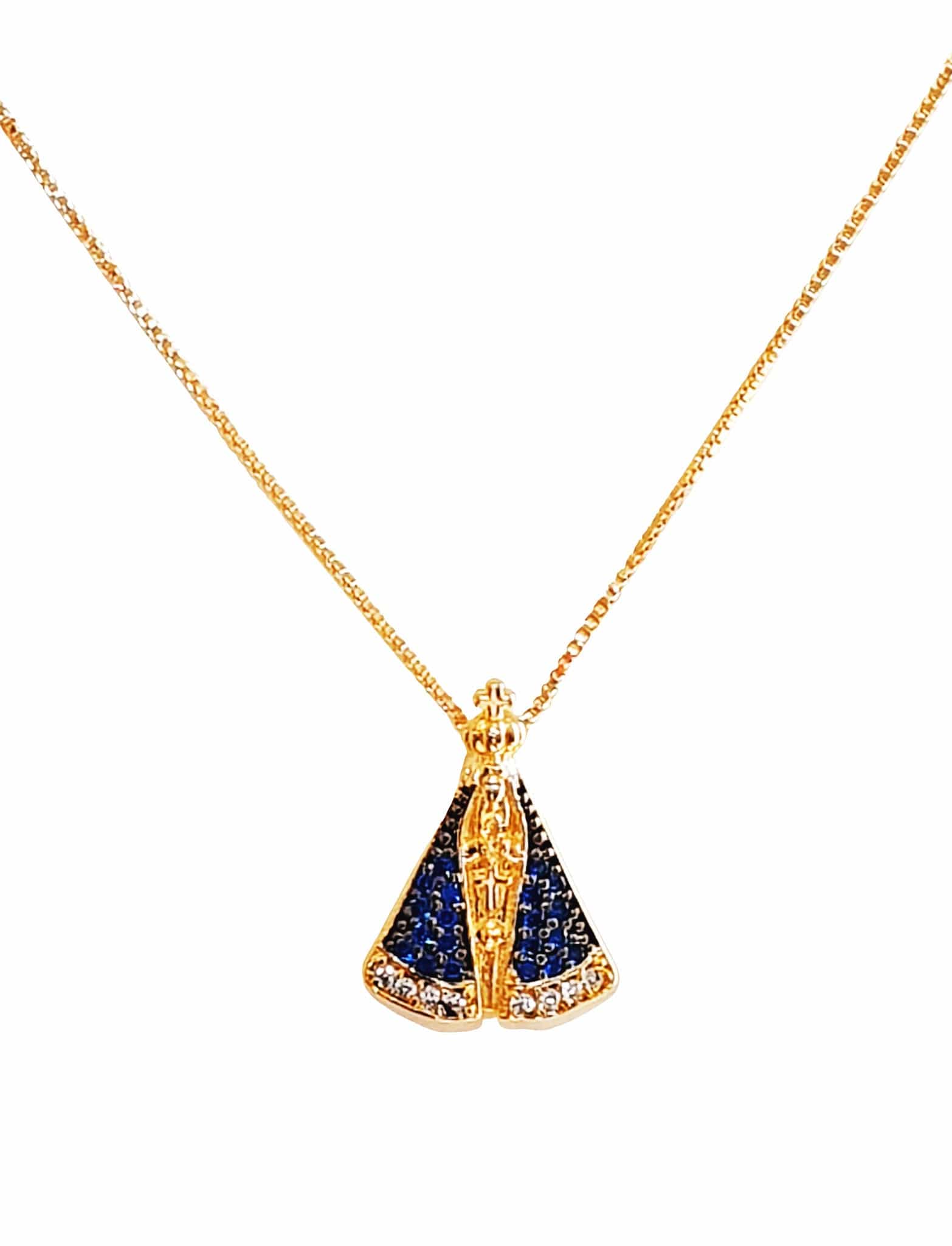 Colar Nossa Senhora Aparecida com Safiras Prata 925 com Banho de Ouro 18 K-TerraCotta Arte Sacra