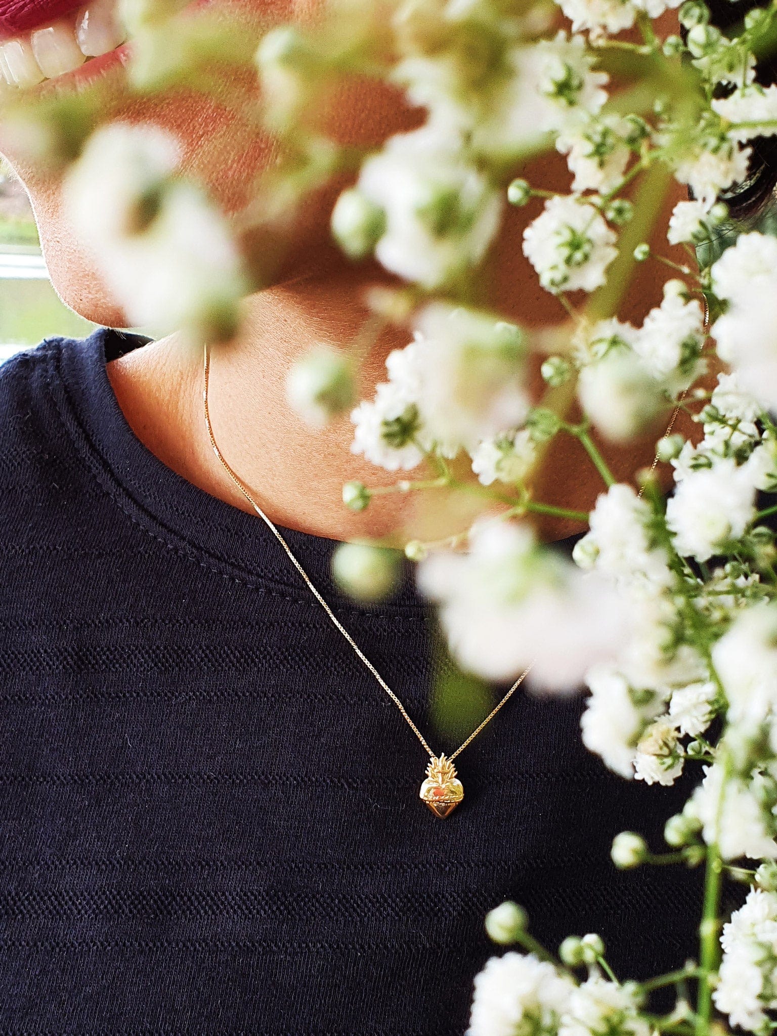 Colar Sagrado Coração de Prata de Lei 925 com Banho de Ouro 18 k-TerraCotta Arte Sacra