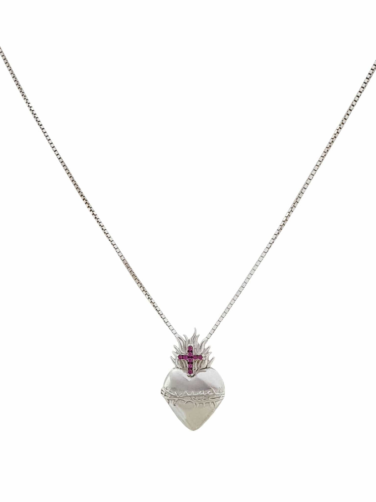 Colar Sagrado Coração e Cruz de Prata de Lei 925 com Zircônias Rubis-TerraCotta Arte Sacra
