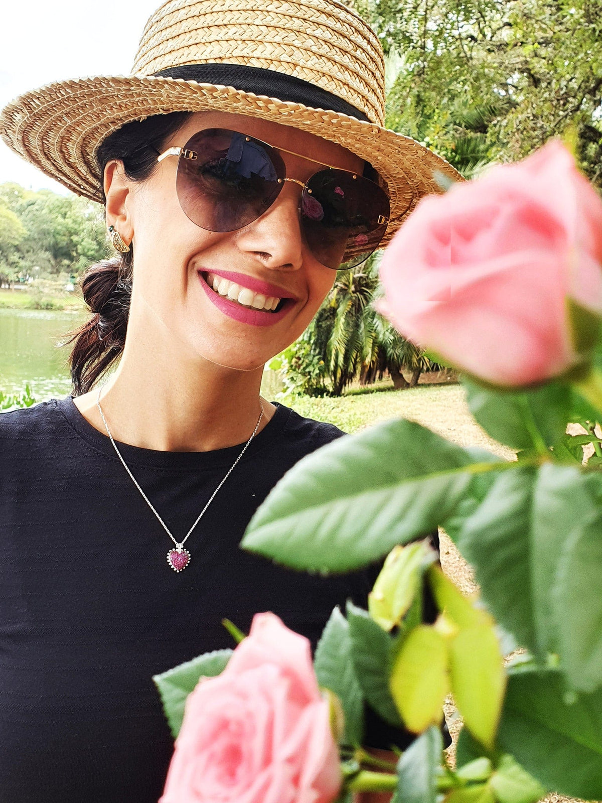 Colar com Imaculado Coração de Zircônias Rubi de Prata 925-TerraCotta Arte Sacra