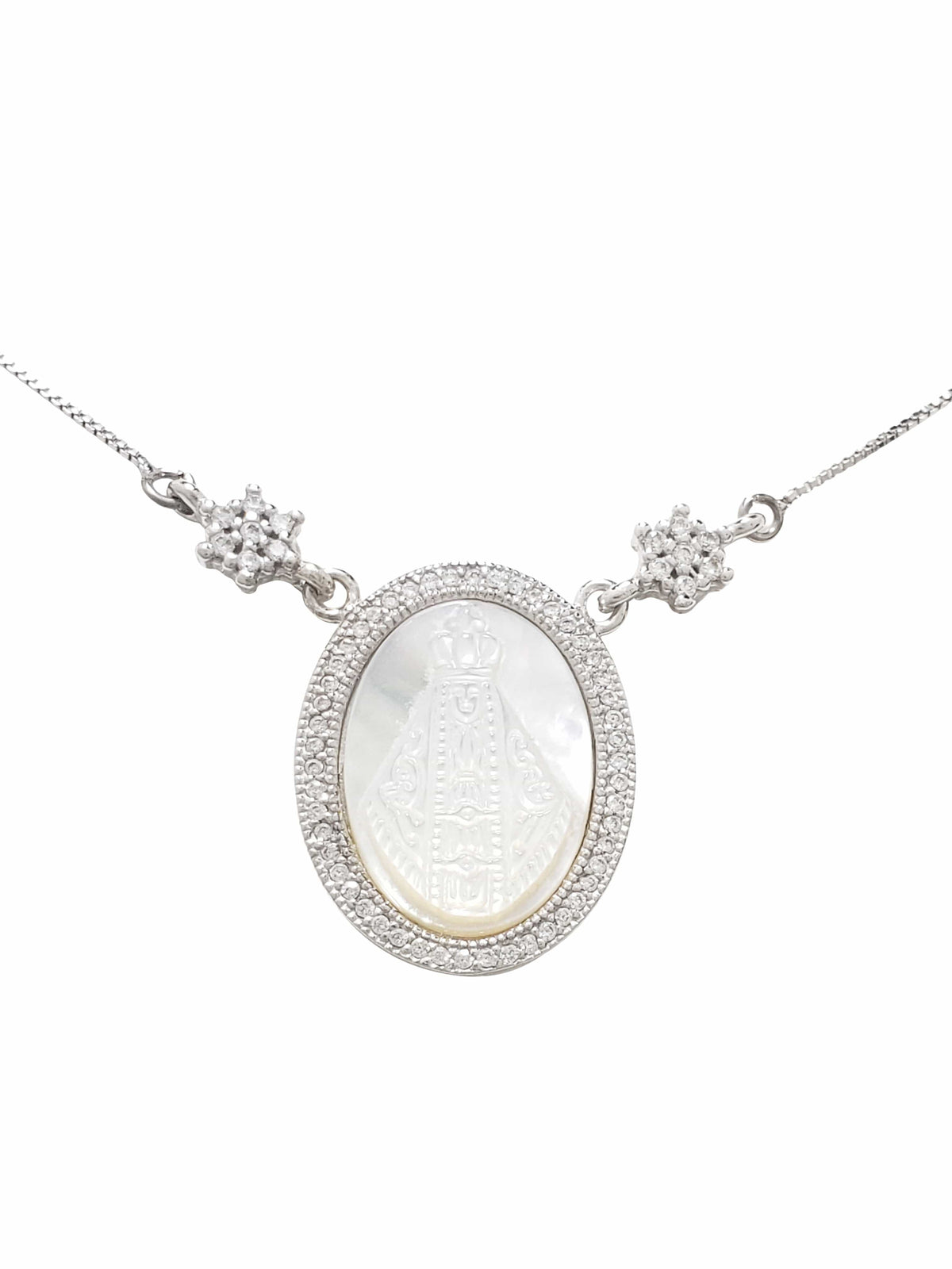 Conjunto N. S. Aparecida Prata com Banho de Ródio e Madrepérola-TerraCotta Arte Sacra