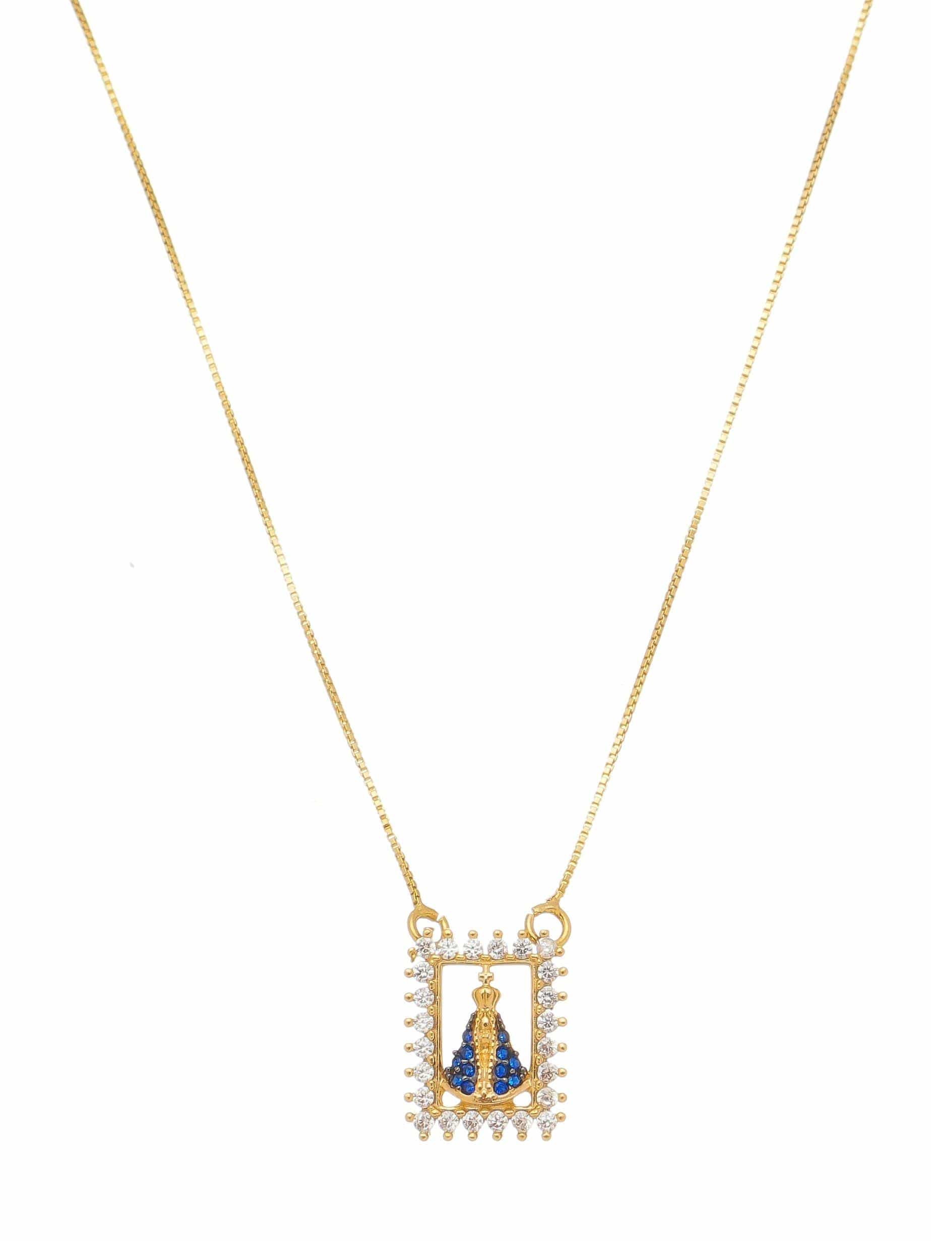 Conjunto Nossa Senhora Aparecida Prata de Lei 925 com Banho de Ouro 18 k e Safiras-TerraCotta Arte Sacra
