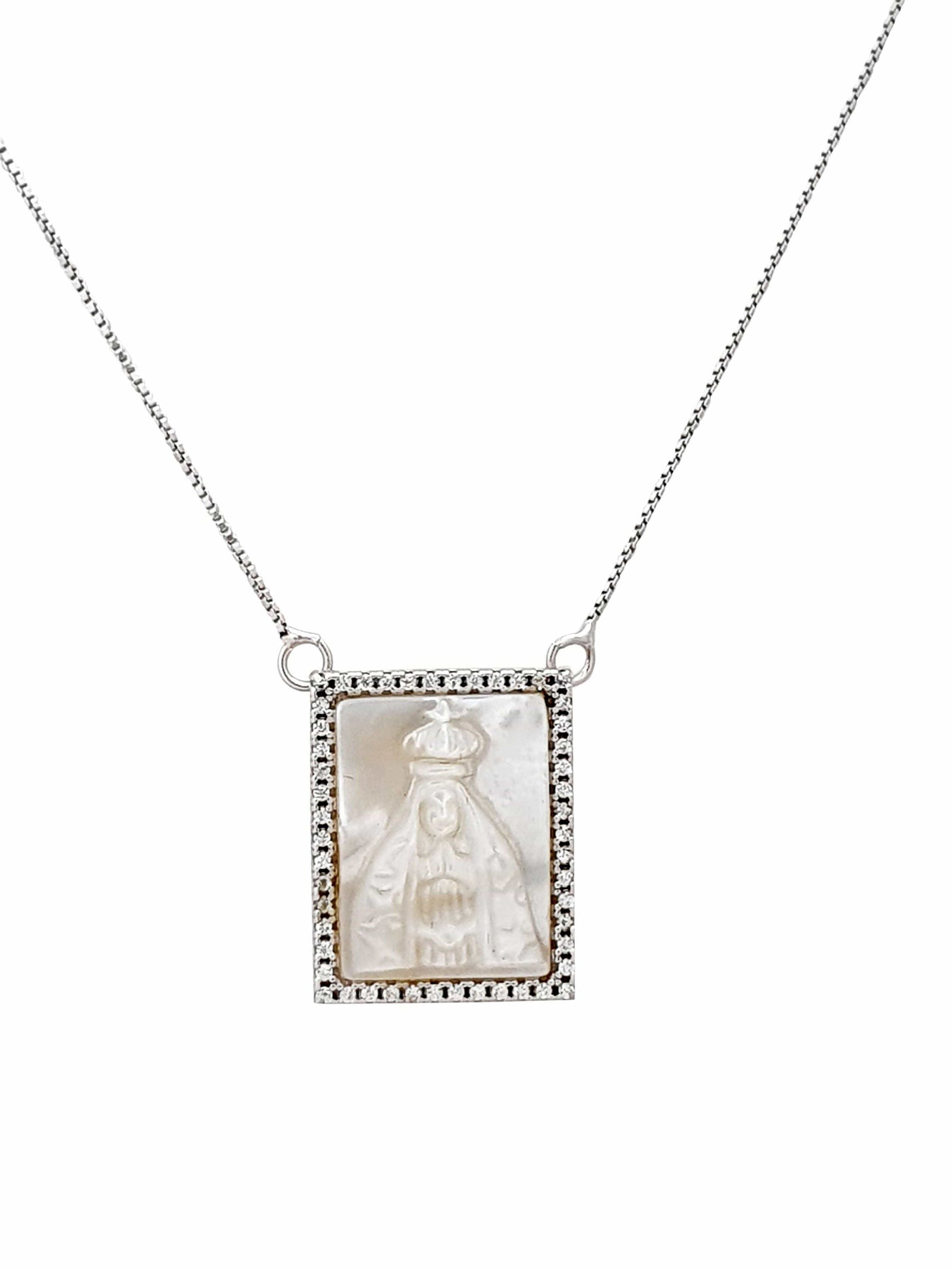 Conjunto Nossa Senhora Aparecida de Madrepérola Prata de Lei 925 com Banho de Ródio-TerraCotta Arte Sacra