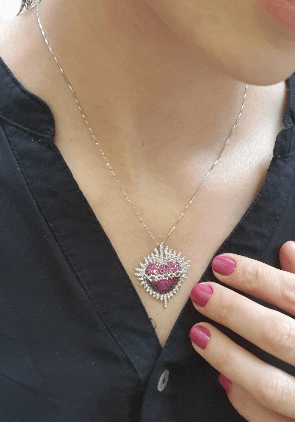 Conjunto Sagrado Coração de Prata de Lei 925 com Banho de Ródio e Zircônias-TerraCotta Arte Sacra