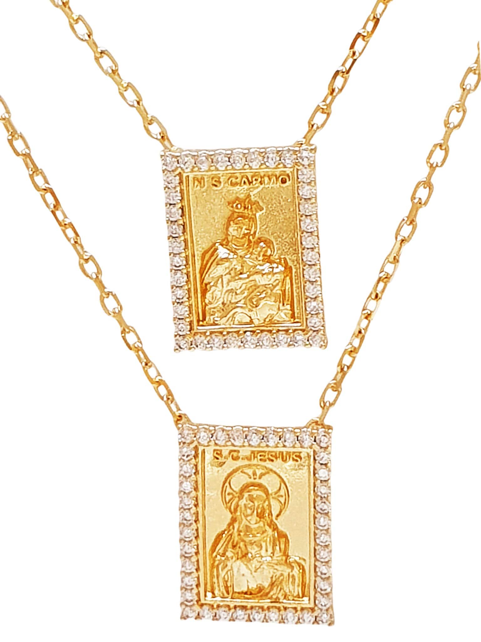 Escapulário de Prata de Lei 925 com Banho de Ouro e Borda com Zircônias-TerraCotta Arte Sacra