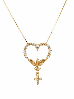 Gargantilha Espírito Santo Coração e Cruz de Prata de Lei 925 com Banho de Ouro-TerraCotta Arte Sacra