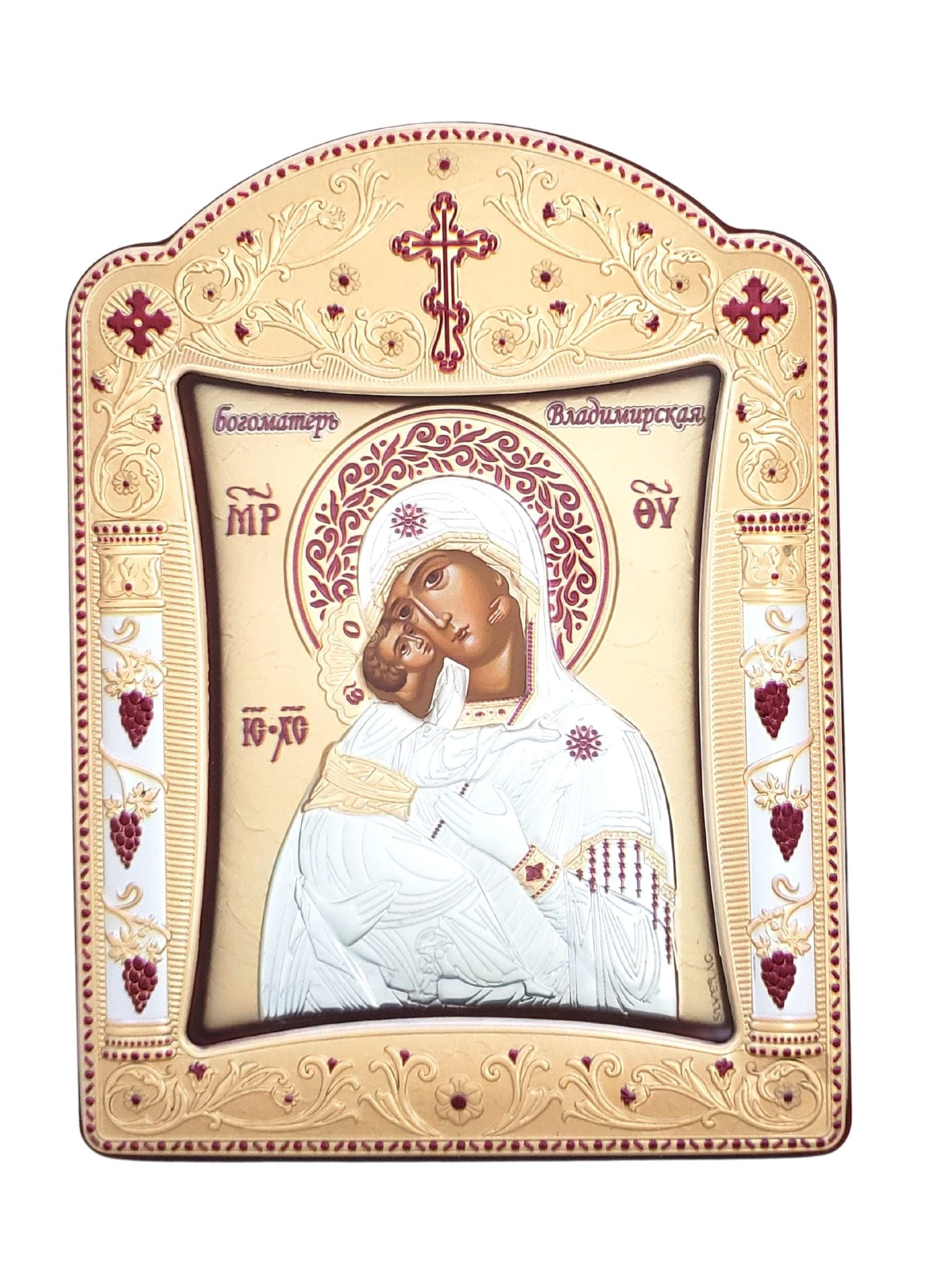 Ícone Ortodoxo Grego Virgem da Ternura - Eleusa de Madeira com Prata 22,4 x 16,7 cm-TerraCotta Arte Sacra