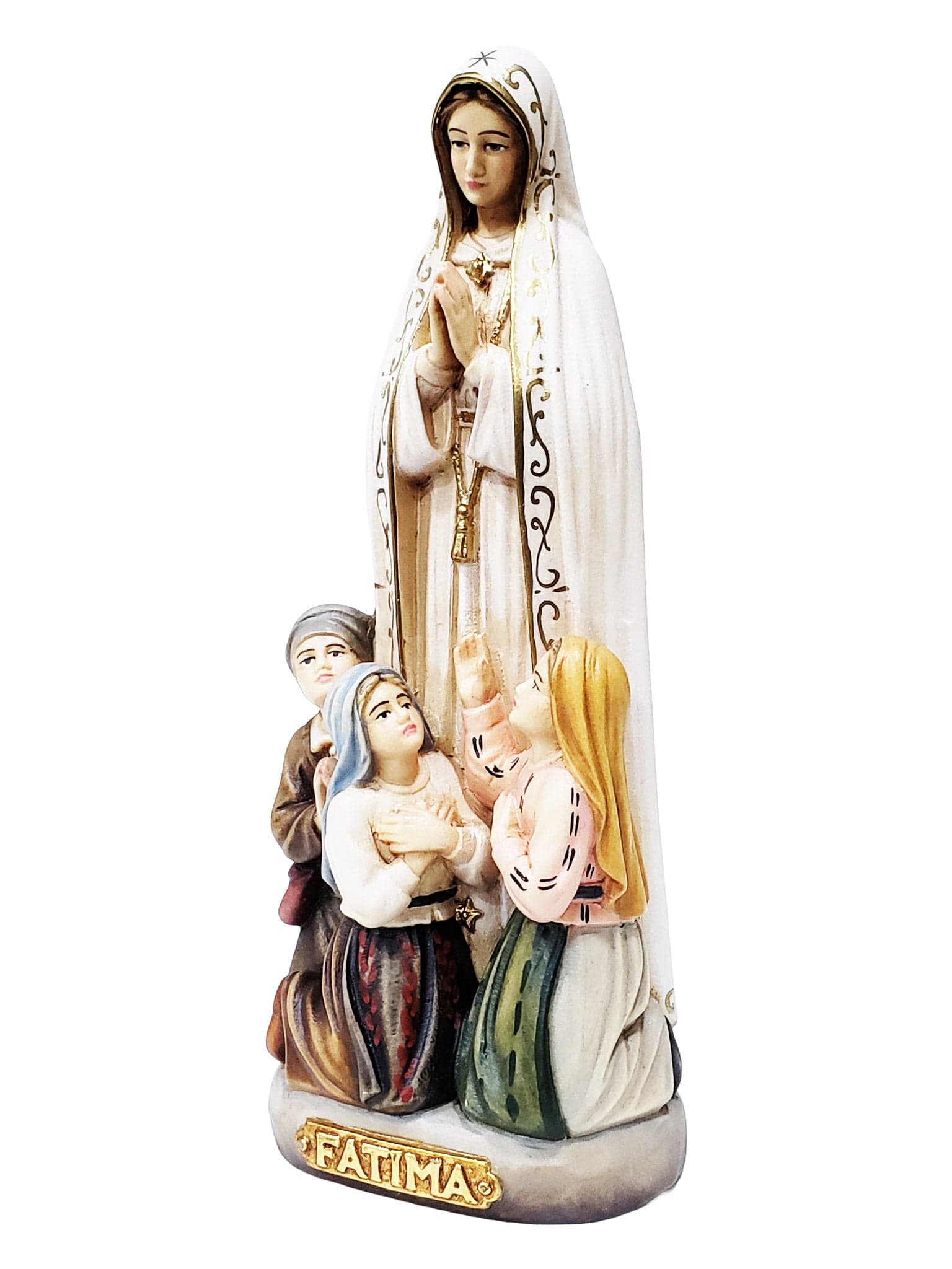 Imagem de Nossa Senhora de Fátima com os 3 Pastorzinhos em Madeira Italiana 21 cm-TerraCotta Arte Sacra