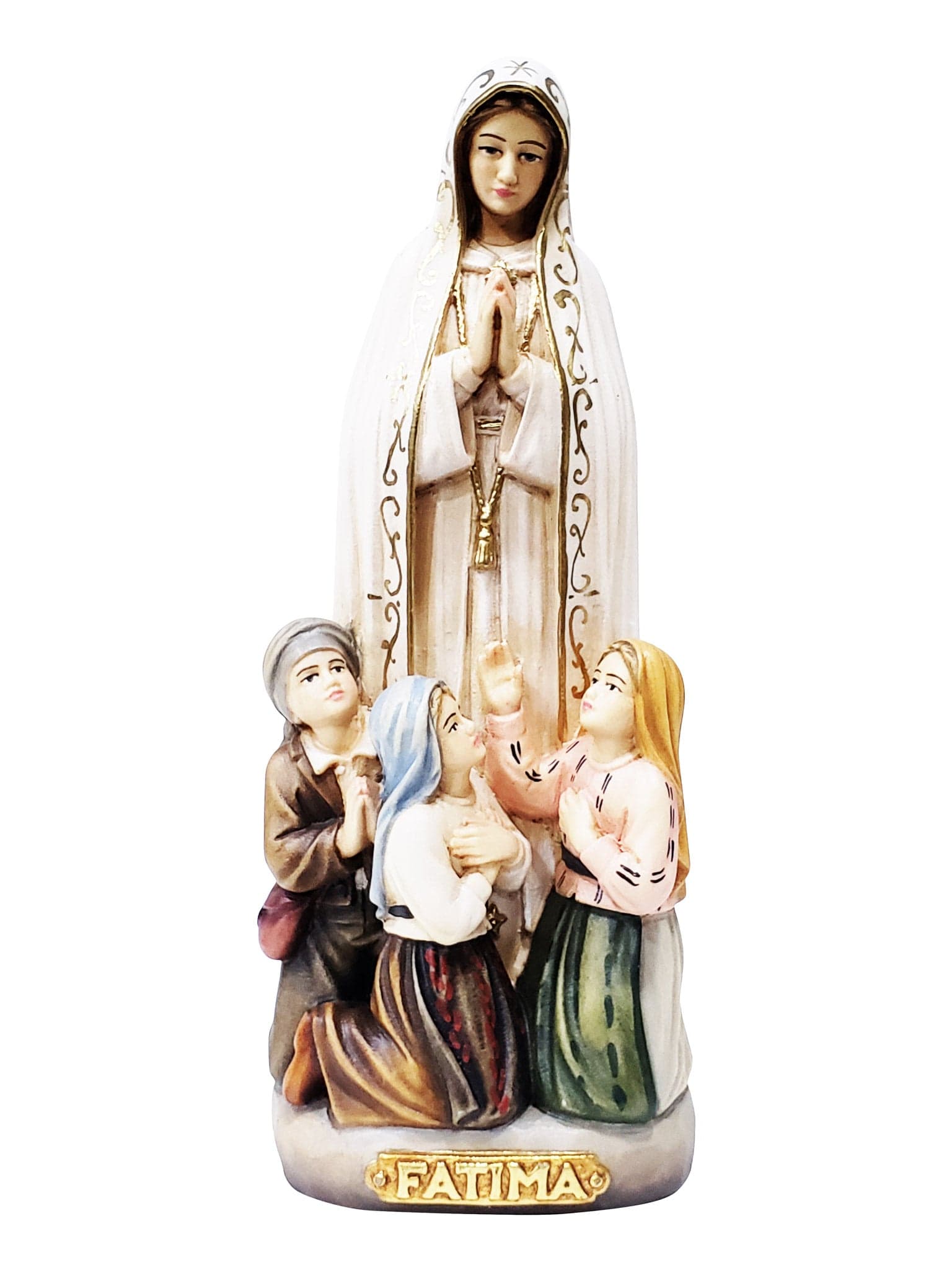 Imagem de Nossa Senhora de Fátima com os 3 Pastorzinhos em Madeira Italiana 21 cm-TerraCotta Arte Sacra