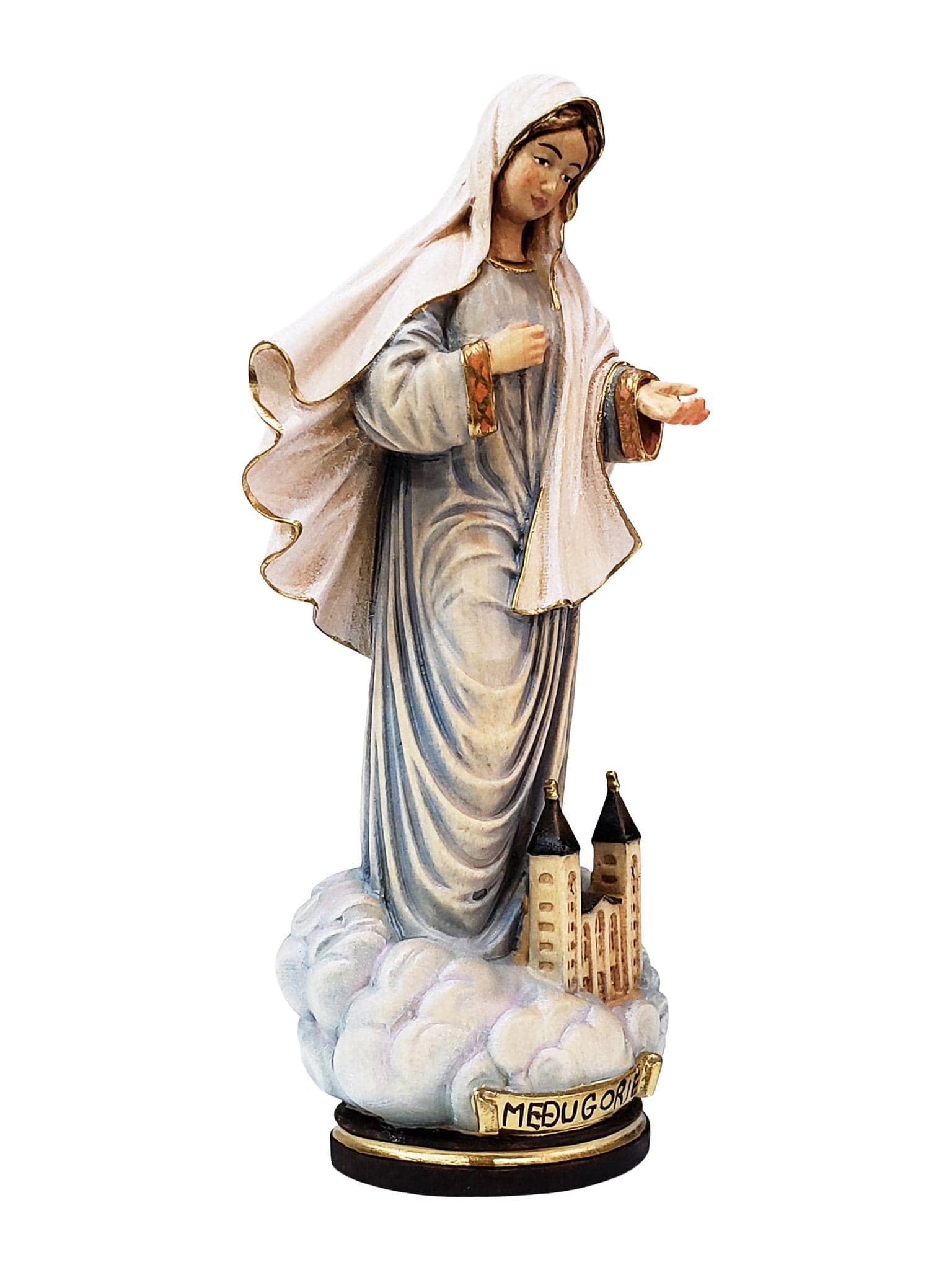 Imagem de Nossa Senhora de Medjugorje com a Igreja em Madeira Italiana 20 cm-TerraCotta Arte Sacra