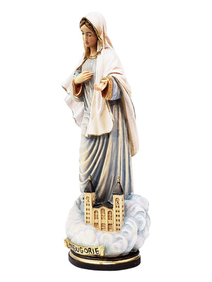 Imagem de Nossa Senhora de Medjugorje com a Igreja em Madeira Italiana 20 cm-TerraCotta Arte Sacra