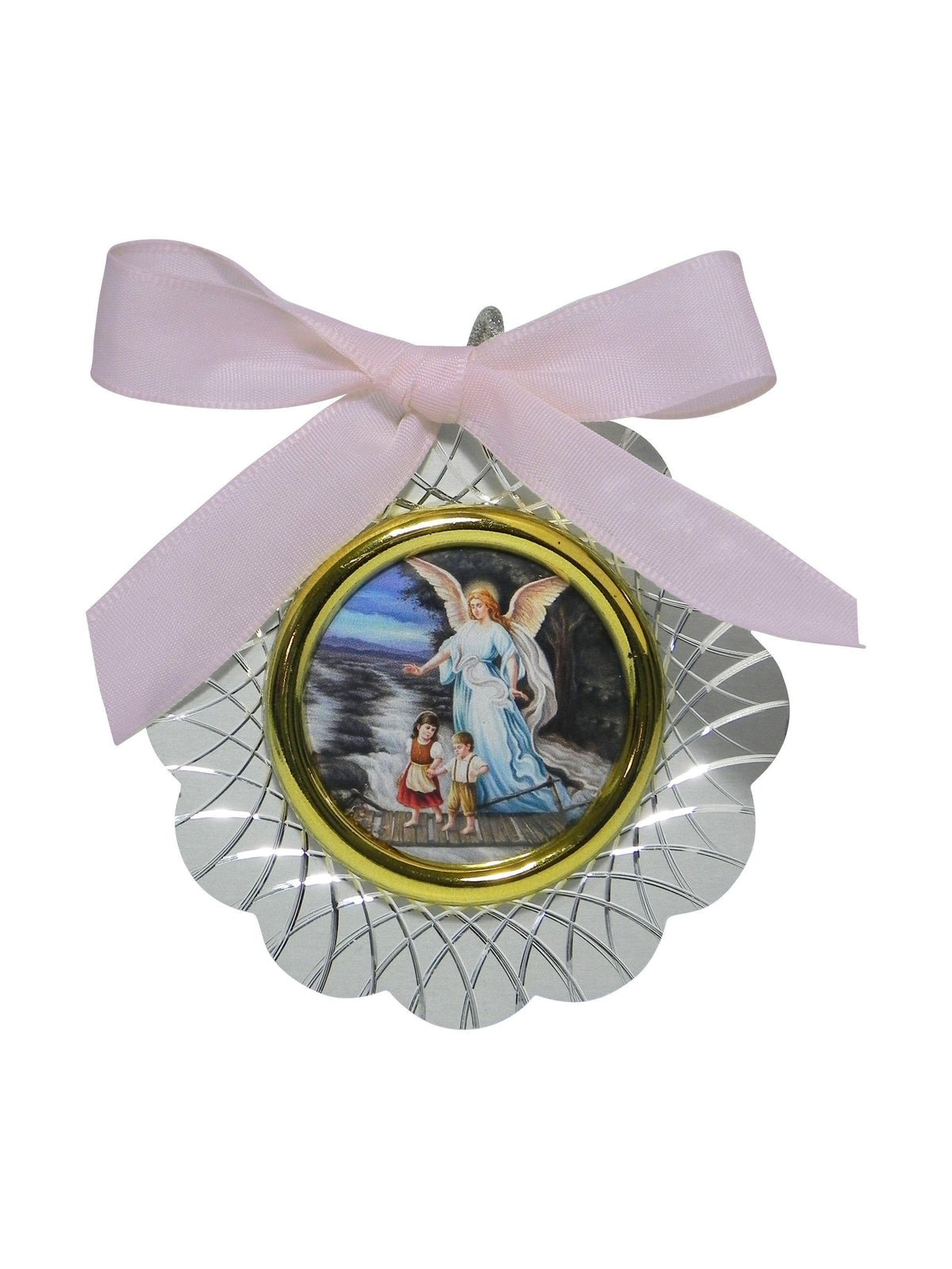 Medalhão de Berço Italiano Anjo na Ponte com Veste Azul-TerraCotta Arte Sacra