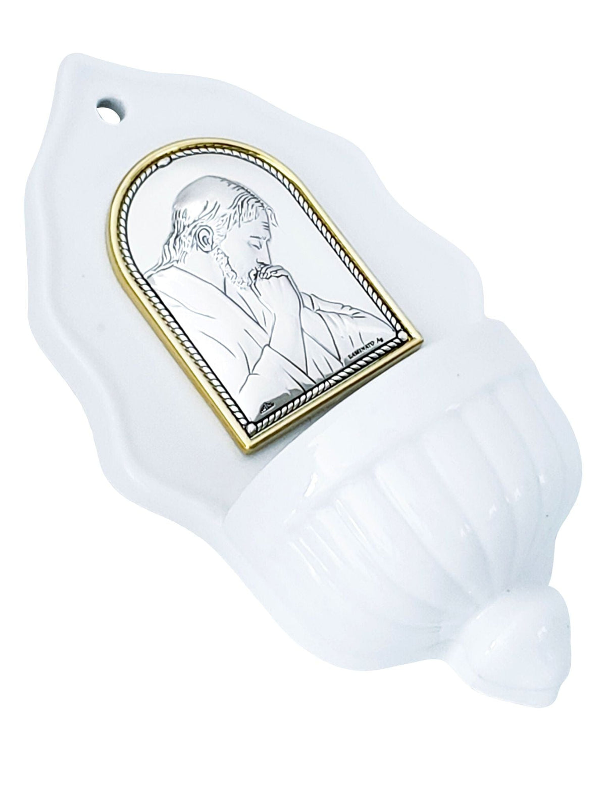 Pia de Água Benta Italiano em Porcelana com Prata Jesus Orando-TerraCotta Arte Sacra