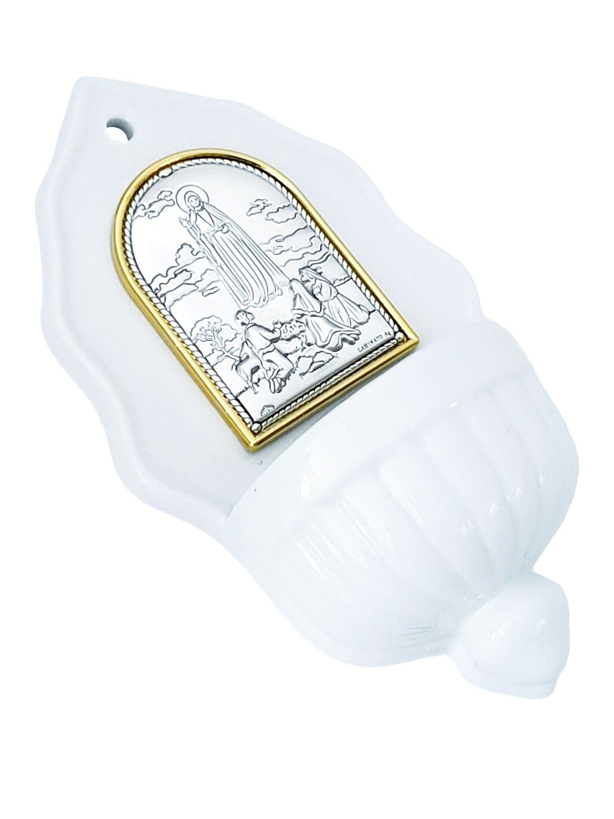 Pia de Água Benta Italiano em Porcelana com Prata Nossa Senhora de Fátima-TerraCotta Arte Sacra