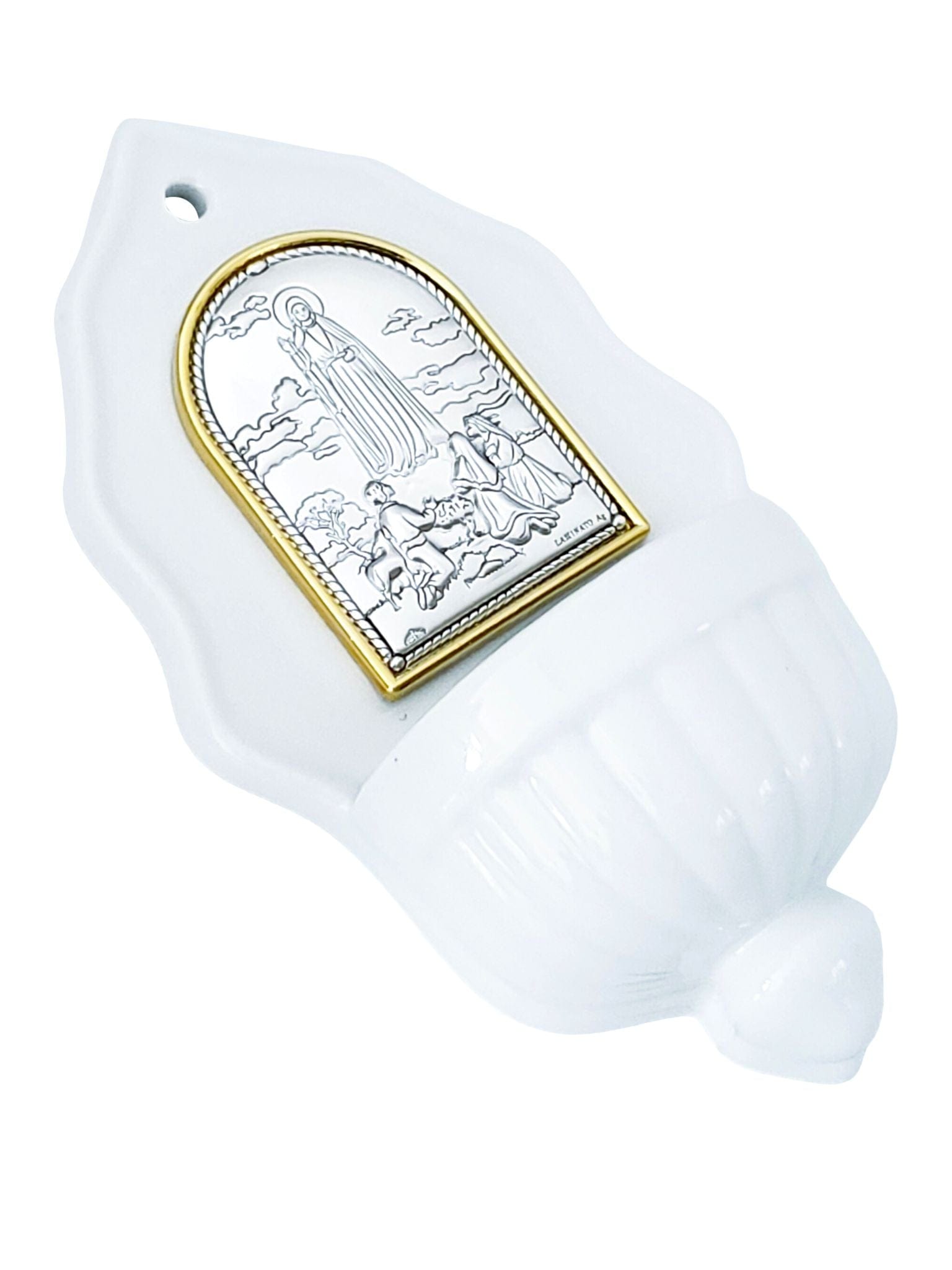 Pia de Água Benta Italiano em Porcelana com Prata Nossa Senhora de Fátima-TerraCotta Arte Sacra