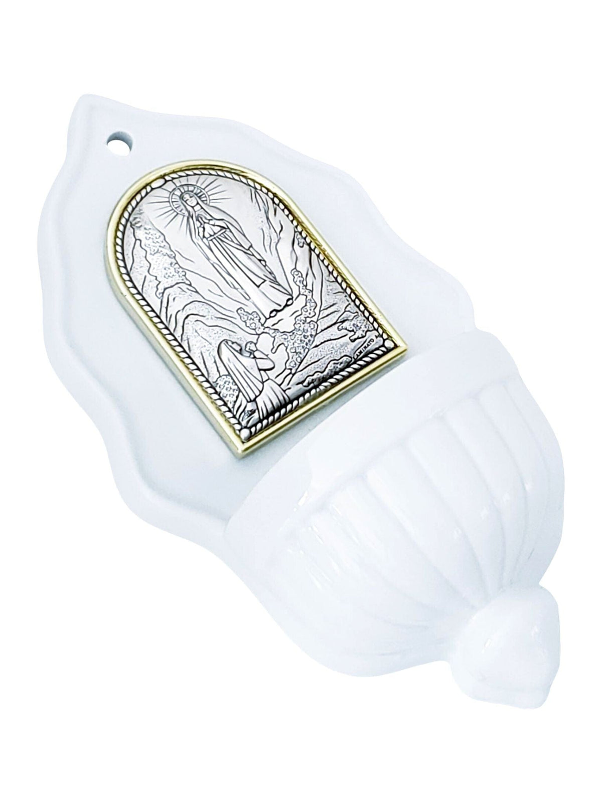 Pia de Água Benta Italiano em Porcelana com Prata Nossa Senhora de Lourdes-TerraCotta Arte Sacra