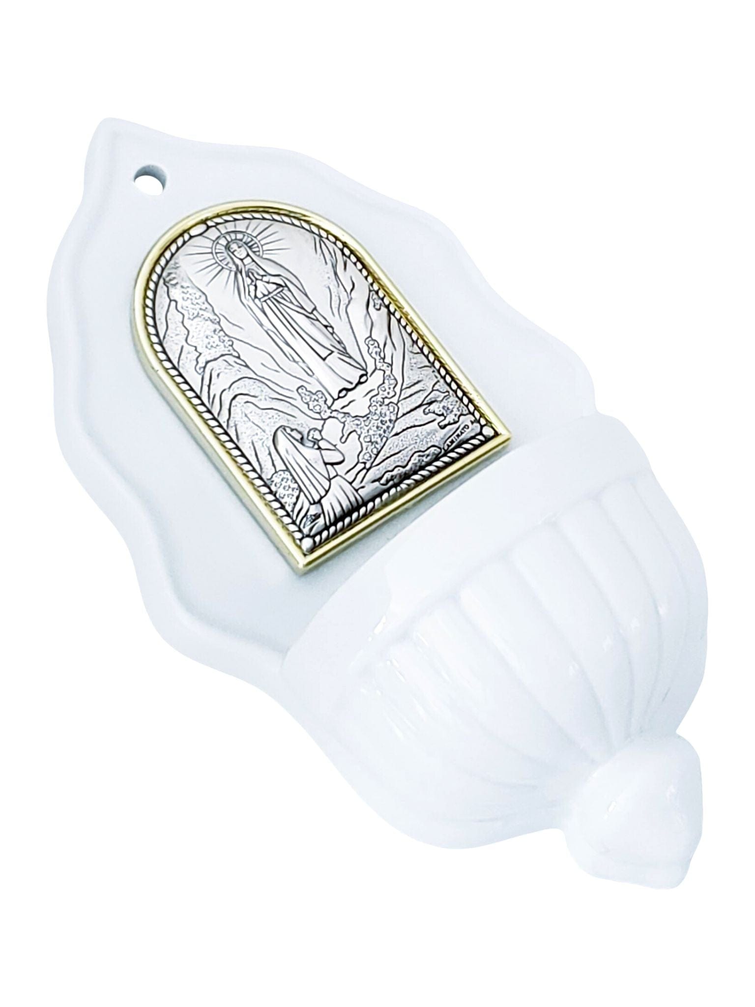 Pia de Água Benta Italiano em Porcelana com Prata Nossa Senhora de Lourdes-TerraCotta Arte Sacra