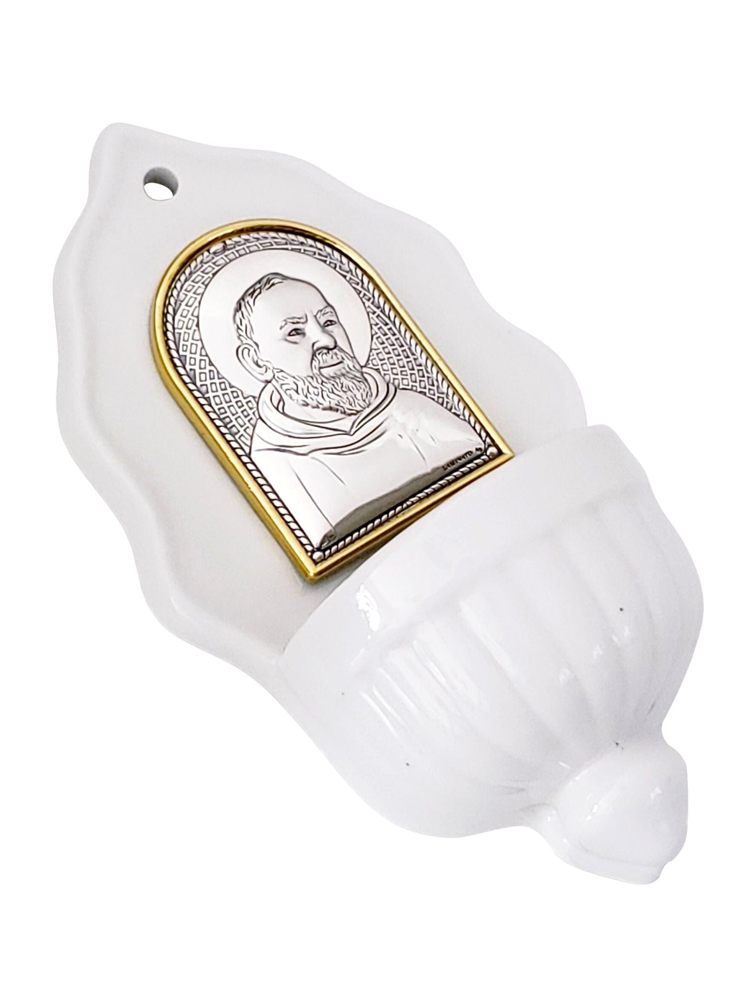 Pia de Água Benta Italiano em Porcelana com Prata Padre Pio-TerraCotta Arte Sacra