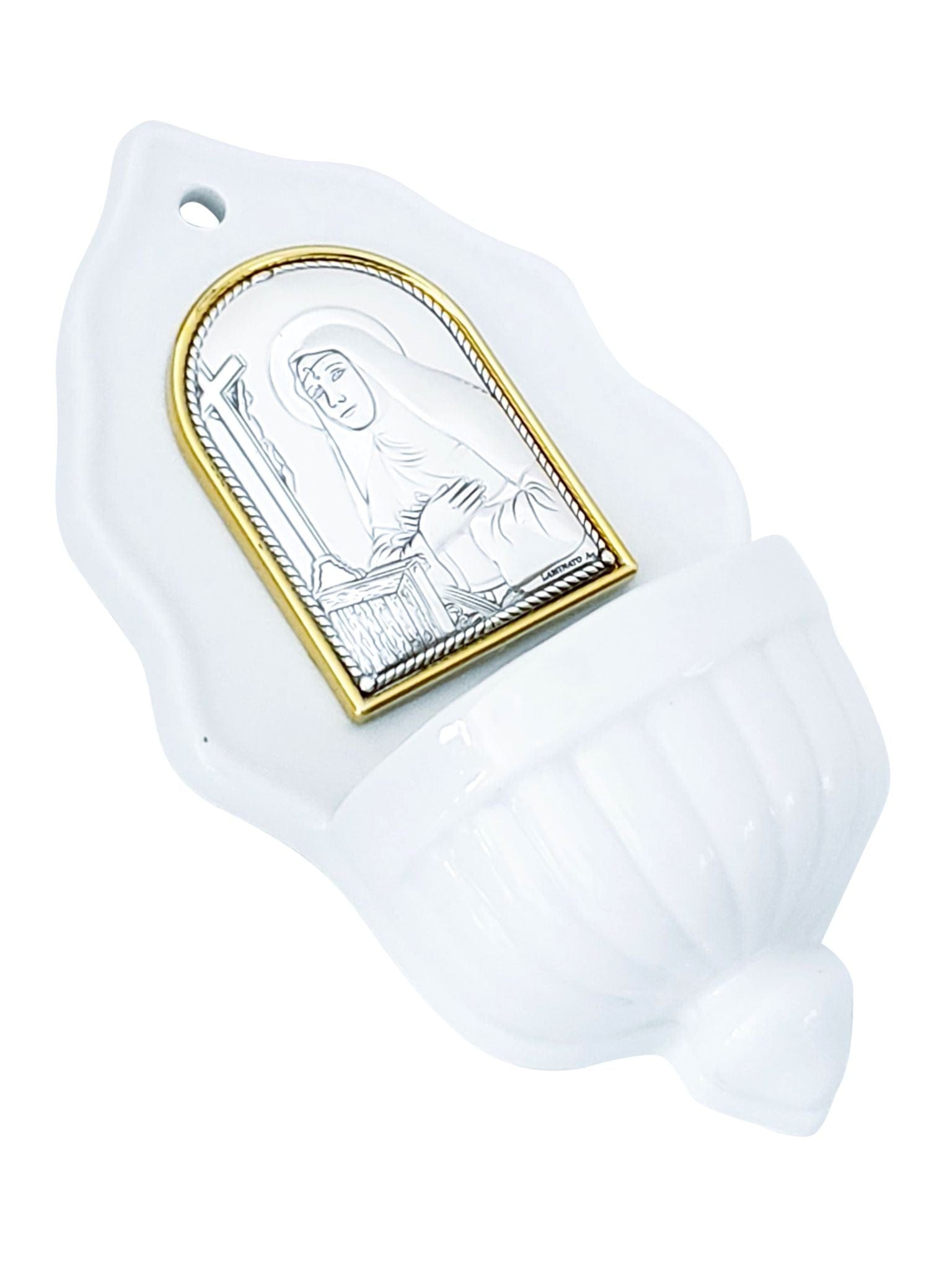 Pia de Água Benta Italiano em Porcelana com Prata Santa Rita-TerraCotta Arte Sacra