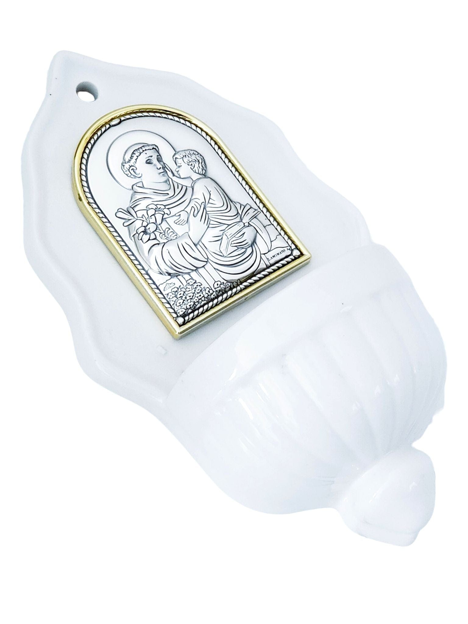Pia de Água Benta Italiano em Porcelana com Prata Santo Antônio-TerraCotta Arte Sacra
