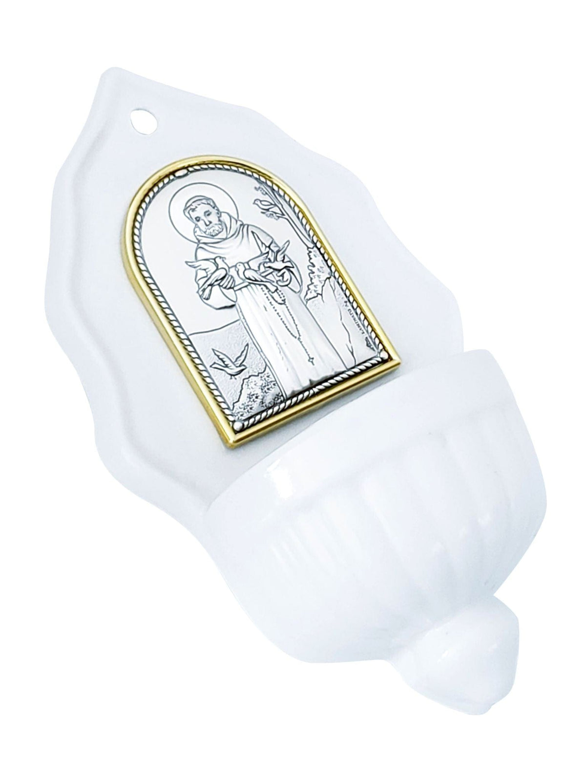 Pia de Água Benta Italiano em Porcelana com Prata São Francisco-TerraCotta Arte Sacra