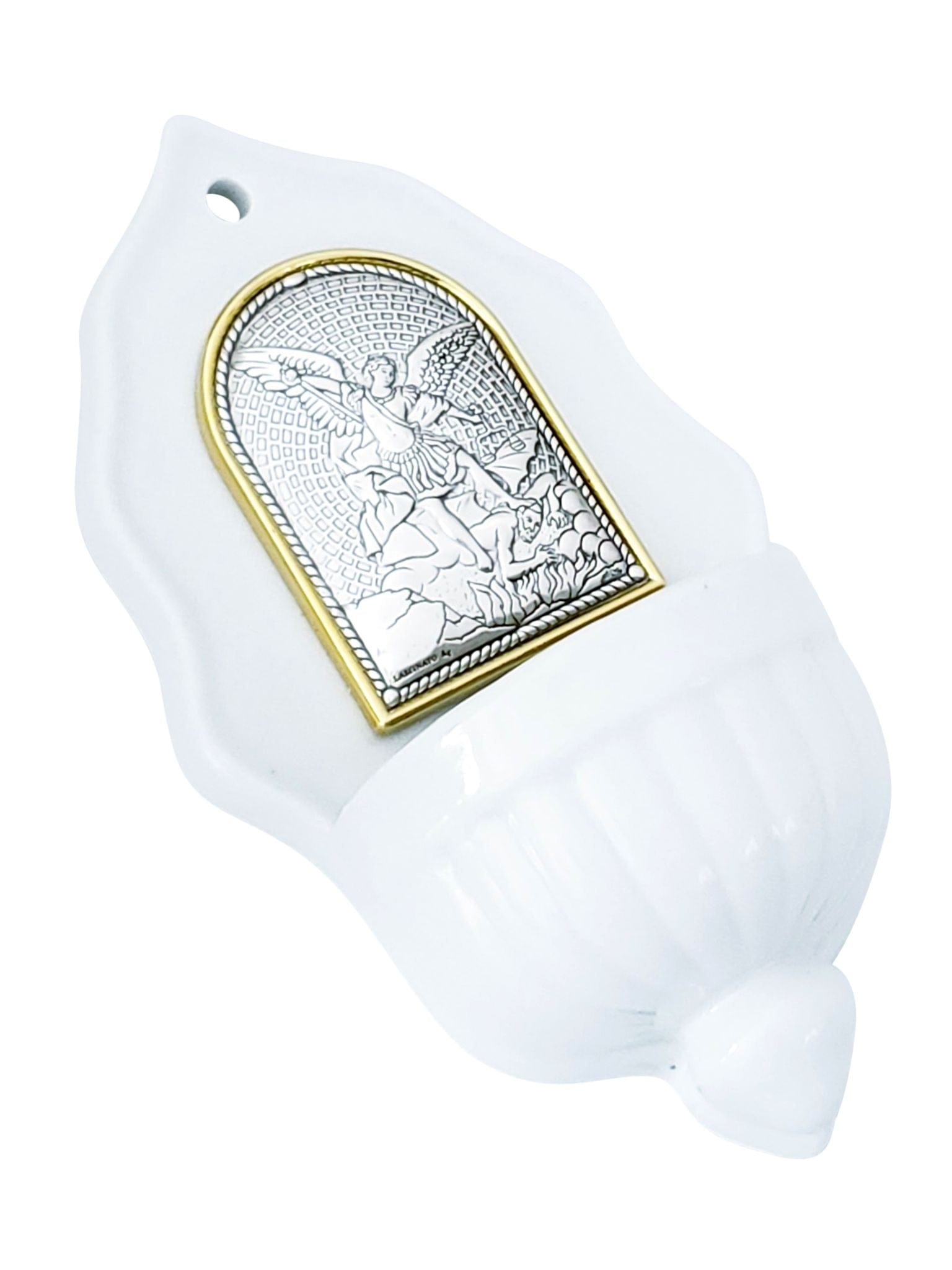 Pia de Água Benta Italiano em Porcelana com Prata São Miguel-TerraCotta Arte Sacra