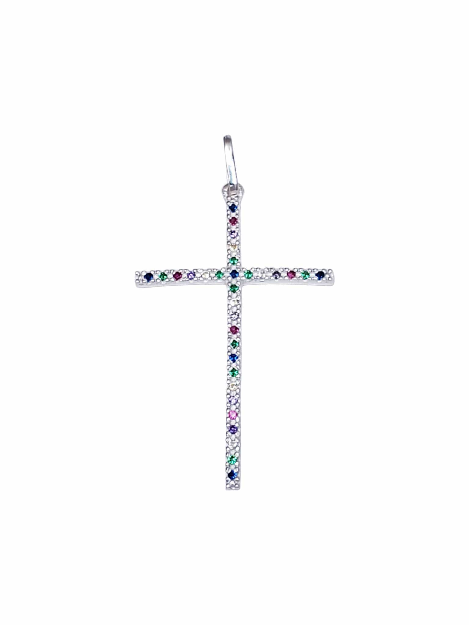 Pingente Cruz de Prata de Lei 925 com Zircônias Ametista, Rubi, Citrino, Esmeralda e Safira-TerraCotta Arte Sacra