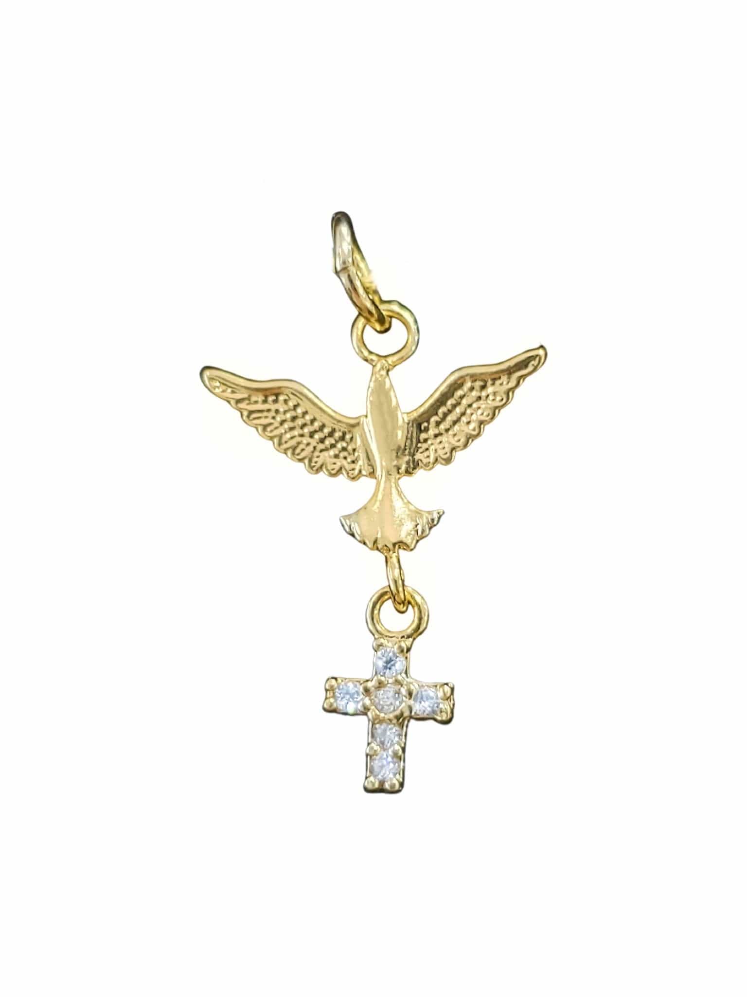 Pingente Espirito Santo com Cruz pendurada cravejada de Zircônias em Prata de Lei 925 com Banho de Ouro-TerraCotta Arte Sacra