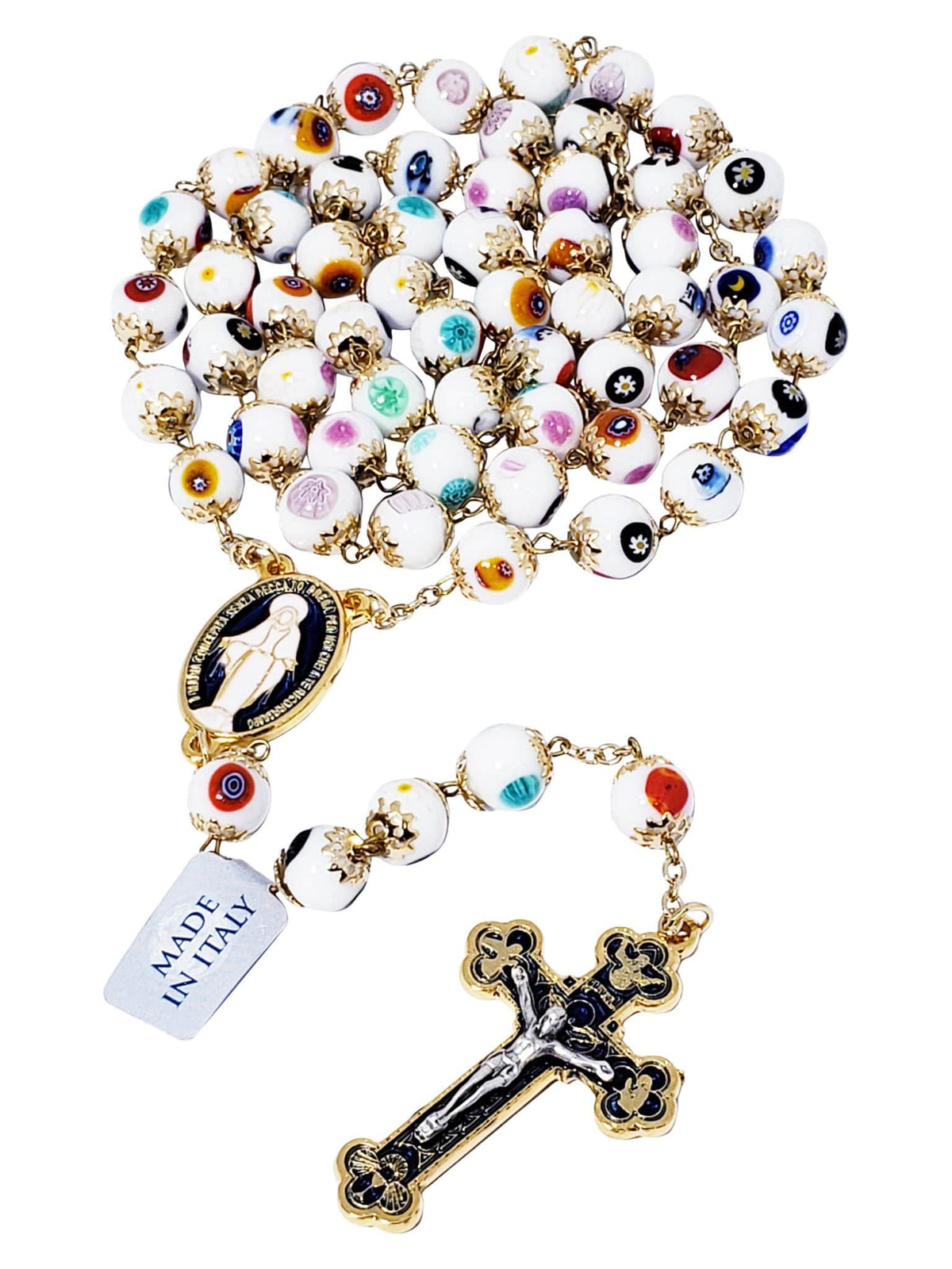 Terço Italiano de Murano Mosaico Veneziano Branco-TerraCotta Arte Sacra