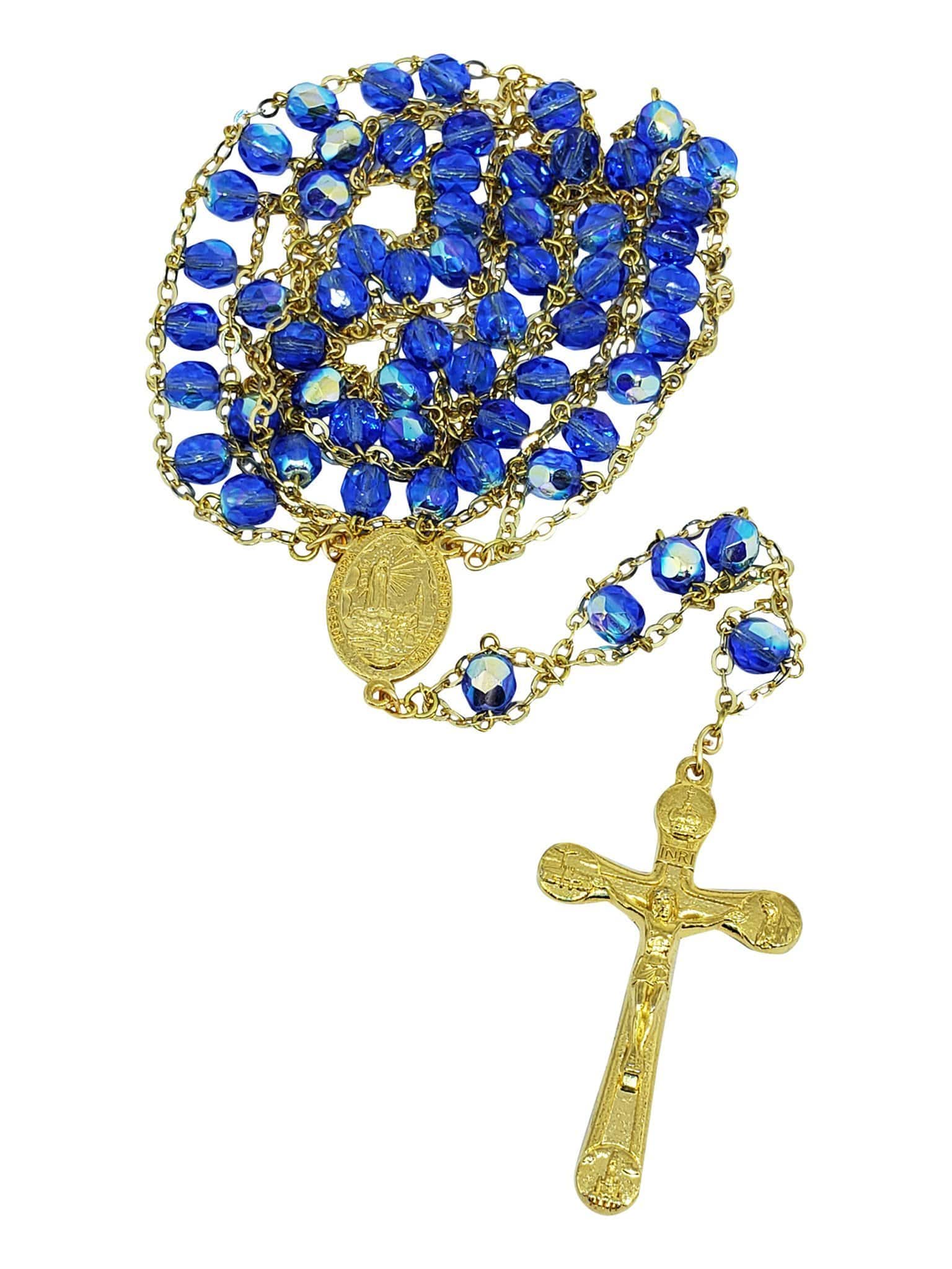 Terço de Cristal Azul com Dourado de Nossa Senhora de Fátima Feito em Portugal-TerraCotta Arte Sacra