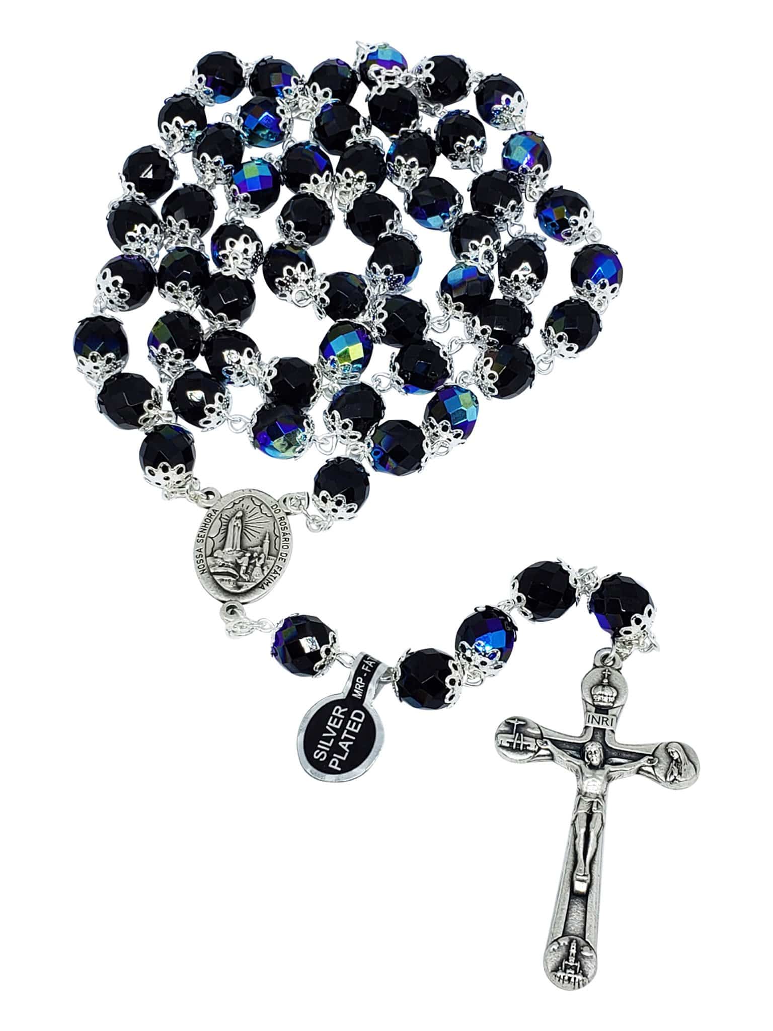 Terço de Cristal Furta-cor Preto de Nossa Senhora de Fátima Feito em Portugal-TerraCotta Arte Sacra