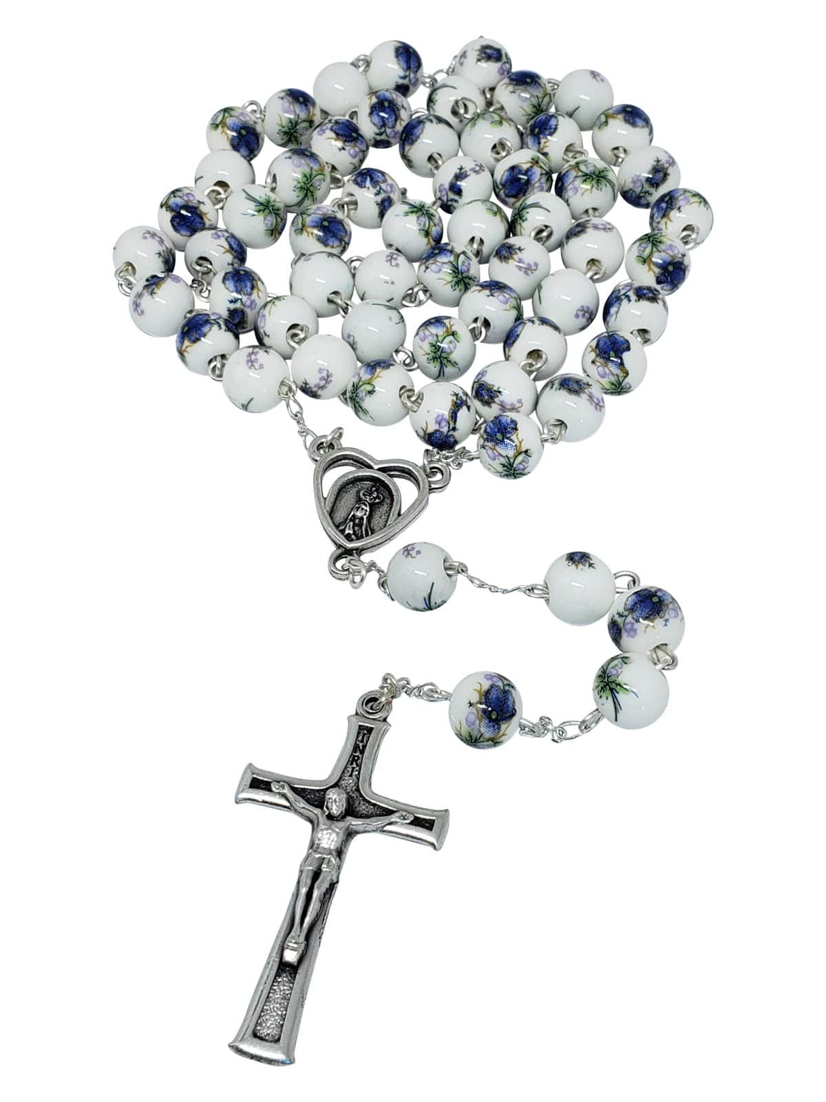Terço de Fátima Portugal de Porcelana Flores Azul-TerraCotta Arte Sacra