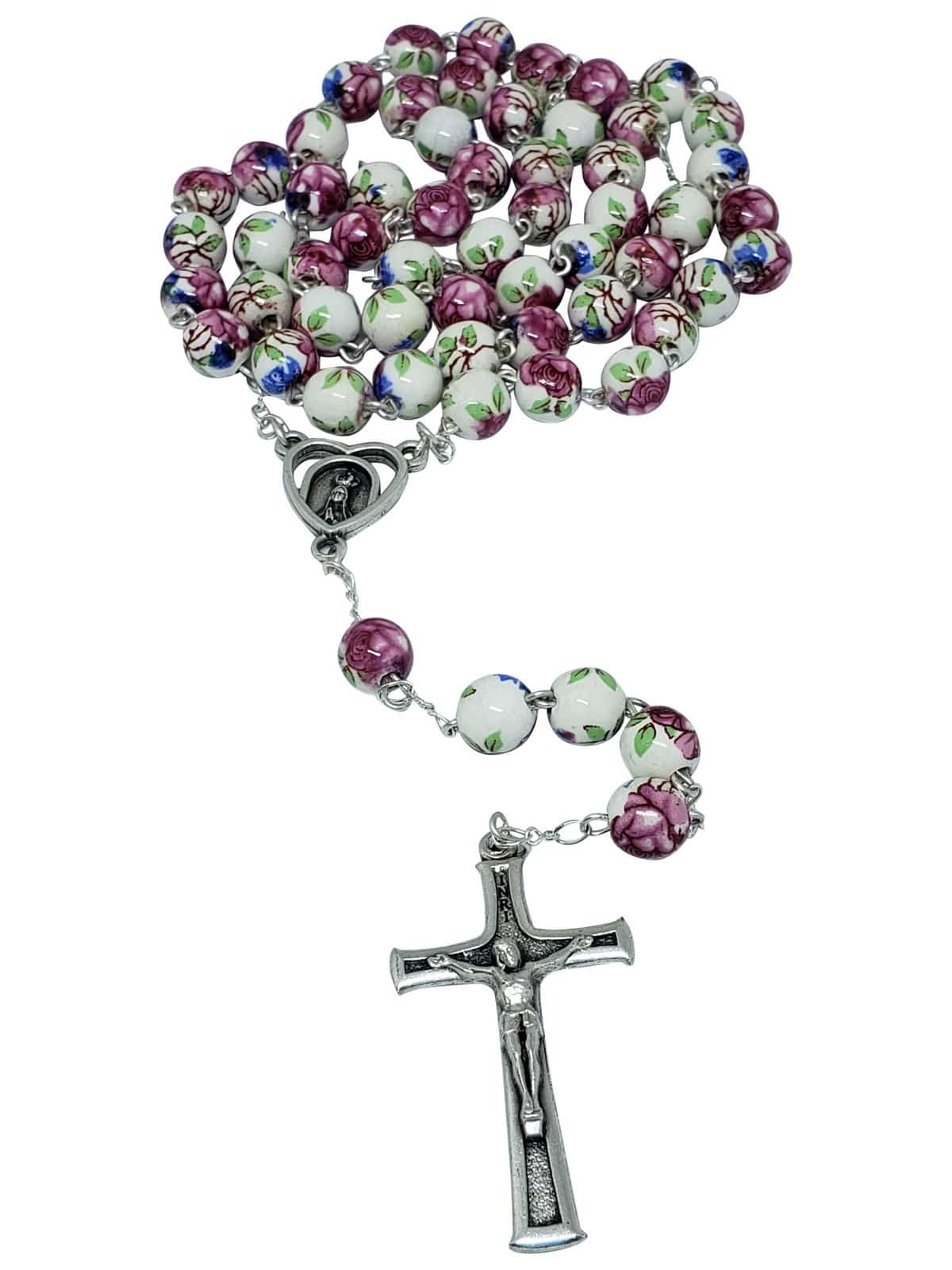 Terço de Fátima Portugal de Porcelana Flores Rosa-TerraCotta Arte Sacra