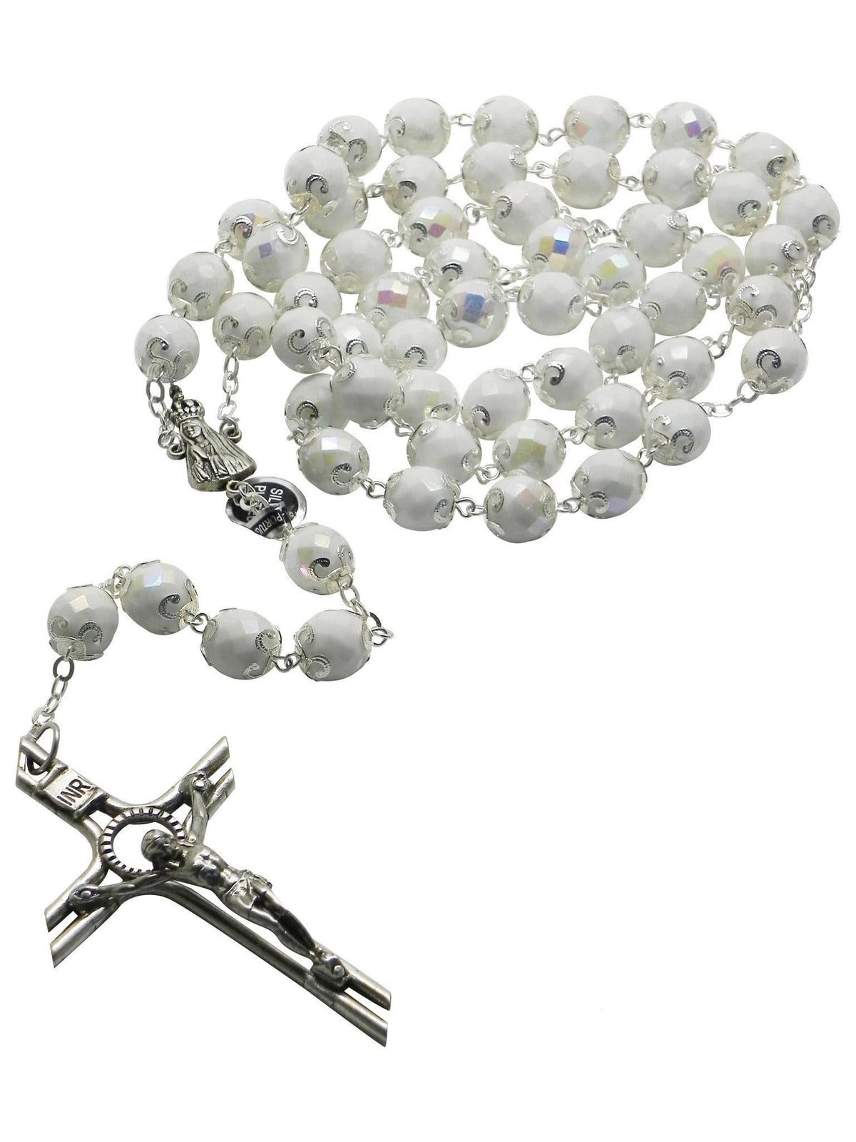 Terço de Noiva Fátima Portugal de Cristal Branco com Filigrana Luxo-TerraCotta Arte Sacra